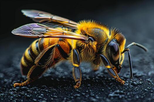 Close-Up of a Honey Bee on a Dark Surface photo