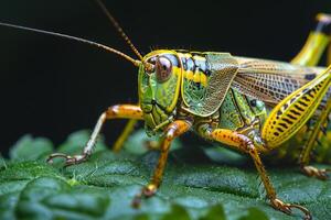 Close-Up of a Vibrant Green and Yellow Grasshopper photo