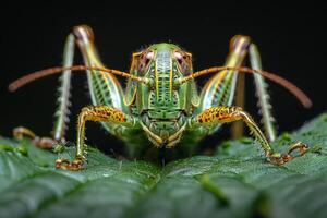Close-up of a Green Grasshopper on a Leaf photo