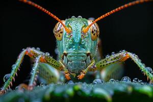 Close-up of a Dew-Covered Green Grasshopper photo