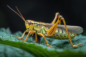 Close-up of a Green and Yellow Grasshopper photo