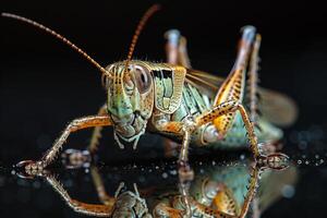 Close-Up of a Vibrant Grasshopper Reflecting in Water photo