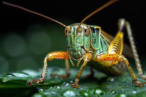 Green Grasshopper on Dew-Covered Leaf photo