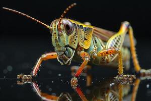 Close-Up of a Vibrant Grasshopper on a Reflective Surface photo