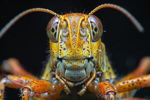 Close-Up Portrait of a Yellow and Black Grasshopper photo