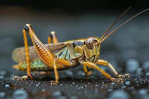 A Close-Up of a Grasshopper on a Wet Surface photo