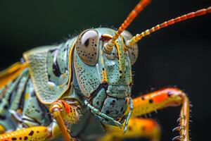 Close-Up Portrait of a Vibrant Green and Yellow Grasshopper photo