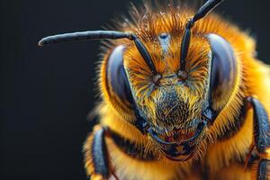 Close-Up of a Bee's Face with Vibrant Yellow Fur and Black Eyes photo