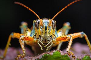 Close-up of a Vibrant Grasshopper on a Leaf photo