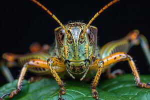 Close-up of a Green and Orange Grasshopper photo