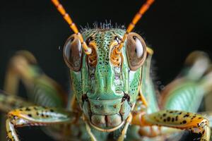 Close-up of a Green Grasshopper's Face photo