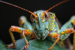 Close-up Portrait of a Vibrant Green and Orange Grasshopper photo