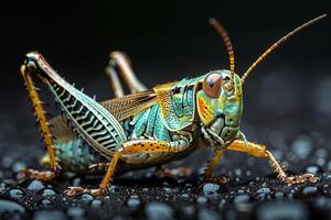 Close-up of a Vibrant Green Grasshopper on a Wet Surface photo