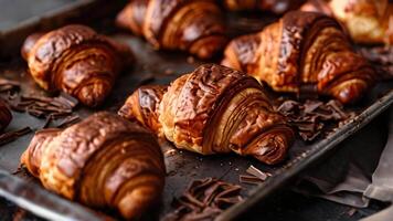 4K , freshly baked croissants drizzled with rich, melted chocolate rest on a baking tray. The crispy, golden layers of the pastry are visually appealing, highlighting their video