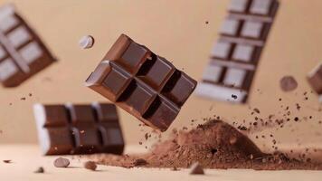 Pieces of dark chocolate bars are floating in the air with chocolate dust and chunks scattered around, against a beige background video