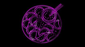 Glowing looping Chinese New Year Day dumplings with dipping sauce. neon frame effect, black background. video