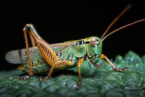A Vibrant Green and Orange Grasshopper on a Leaf photo