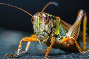 Close-up Portrait of a Vibrant Green and Orange Grasshopper photo