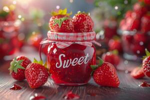 Sweet Strawberry Jam in a Glass Jar with Fresh Strawberries photo