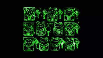 Glowing looping Chinese New Year Day Packets with Chinese characters for good luck. neon frame effect, black background. video