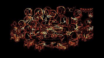Glowing looping Chinese New Year Day Family reunion dinner with various traditional dishe. neon frame effect, black background. video