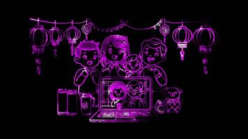 Glowing looping Chinese New Year Day Family during Chinese New Year. neon frame effect, black background. video