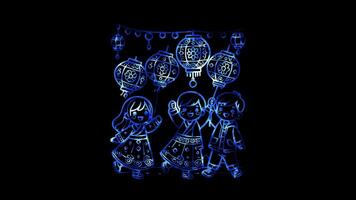 Glowing looping Chinese New Year Day Children carrying brightly colored lanterns. neon frame effect, black background. video