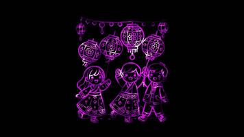 Glowing looping Chinese New Year Day Children carrying brightly colored lanterns. neon frame effect, black background. video