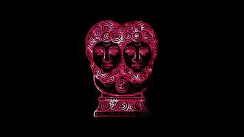 Glowing looping New Year Day Statue of Janus, the Roman god. neon frame effect, black background. video