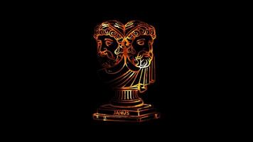 Glowing looping New Year Day Statue of Janus, the Roman god. neon frame effect, black background. video