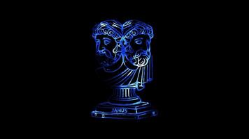 Glowing looping New Year Day Statue of Janus, the Roman god. neon frame effect, black background. video