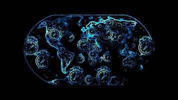 Glowing looping New Year Day World map with time zone clocks. neon frame effect, black background. video
