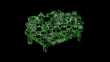 Glowing looping New Year Day table set with traditional New Year foods. neon frame effect, black background. video