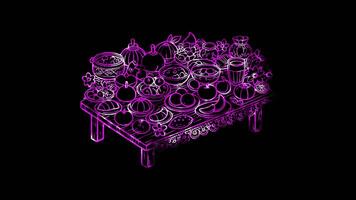 Glowing looping New Year Day table set with traditional New Year foods. neon frame effect, black background. video