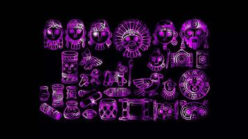 Glowing looping New Year Day Ancient New Year's artifacts. neon frame effect, black background. video