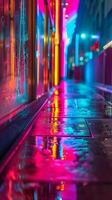 Raindrops on the wet street in the city at night. Shallow depth of field photo