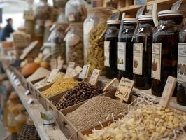 Assortment of spices and herbs in a spice shop in the market photo