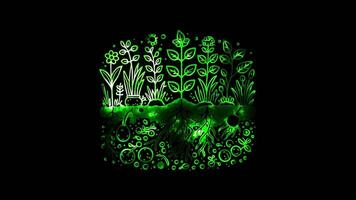 Glowing looping World soil day healthy soil with plants. neon frame effect, black background. video