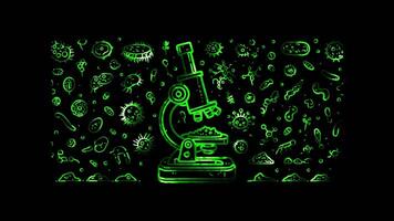 Glowing looping World soil day Soil microorganisms under a microscope. neon frame effect, black background. video
