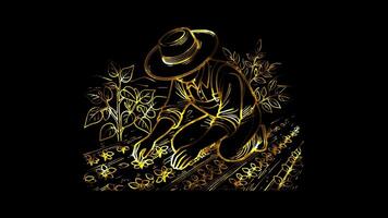 Glowing looping World soil day farmer working in a fertile field. neon frame effect, black background. video