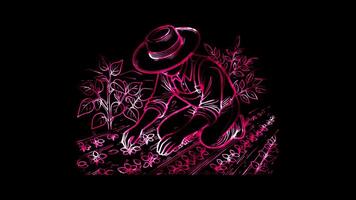 Glowing looping World soil day farmer working in a fertile field. neon frame effect, black background. video
