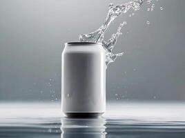 water splashing on top of blank white soda can reflected in water, smoke, product background, mock up, aesthetic, drinks and beverage, refreshing photo