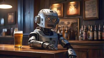 Sad looking lonely robot android drinking pint of beer in pub, ai concept, artificial intelligence background, cinematic photo