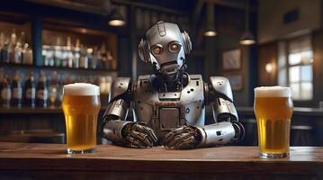 Sad looking lonely robot android drinking pint of beer in pub, ai concept, artificial intelligence background, cinematic photo