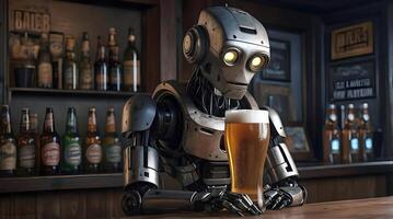 Sad looking lonely robot android drinking pint of beer in pub, ai concept, artificial intelligence background, cinematic photo
