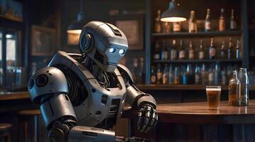 Sad looking lonely robot android drinking pint of beer in pub, ai concept, artificial intelligence background, cinematic photo