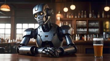 Sad looking lonely robot android drinking pint of beer in pub, ai concept, artificial intelligence background, cinematic photo