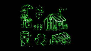 Glowing looping World soil day Sustainable farming practices . neon frame effect, black background. video