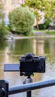 Closeup of modern mirrorless dslr camera recording beautiful scene at Galway, ireland, technology concept background photo