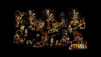 Glowing looping World soil day Community planting event. neon frame effect, black background. video